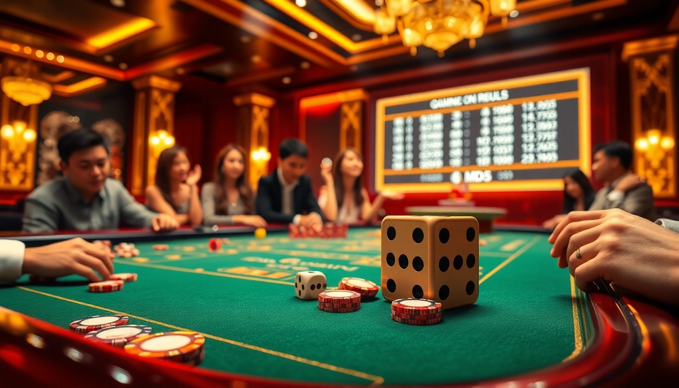 Tài Xỉu MD5 game at a luxurious casino table with players and dice excitement