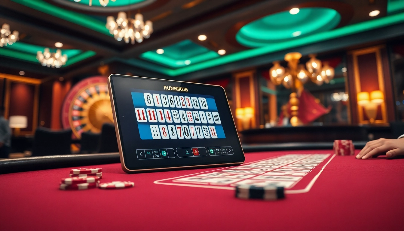 משחק רמיקוב אונליין בהקשר של קזינו יוקרתי עם צ'יפים של פוקר ואסטרטגיה.