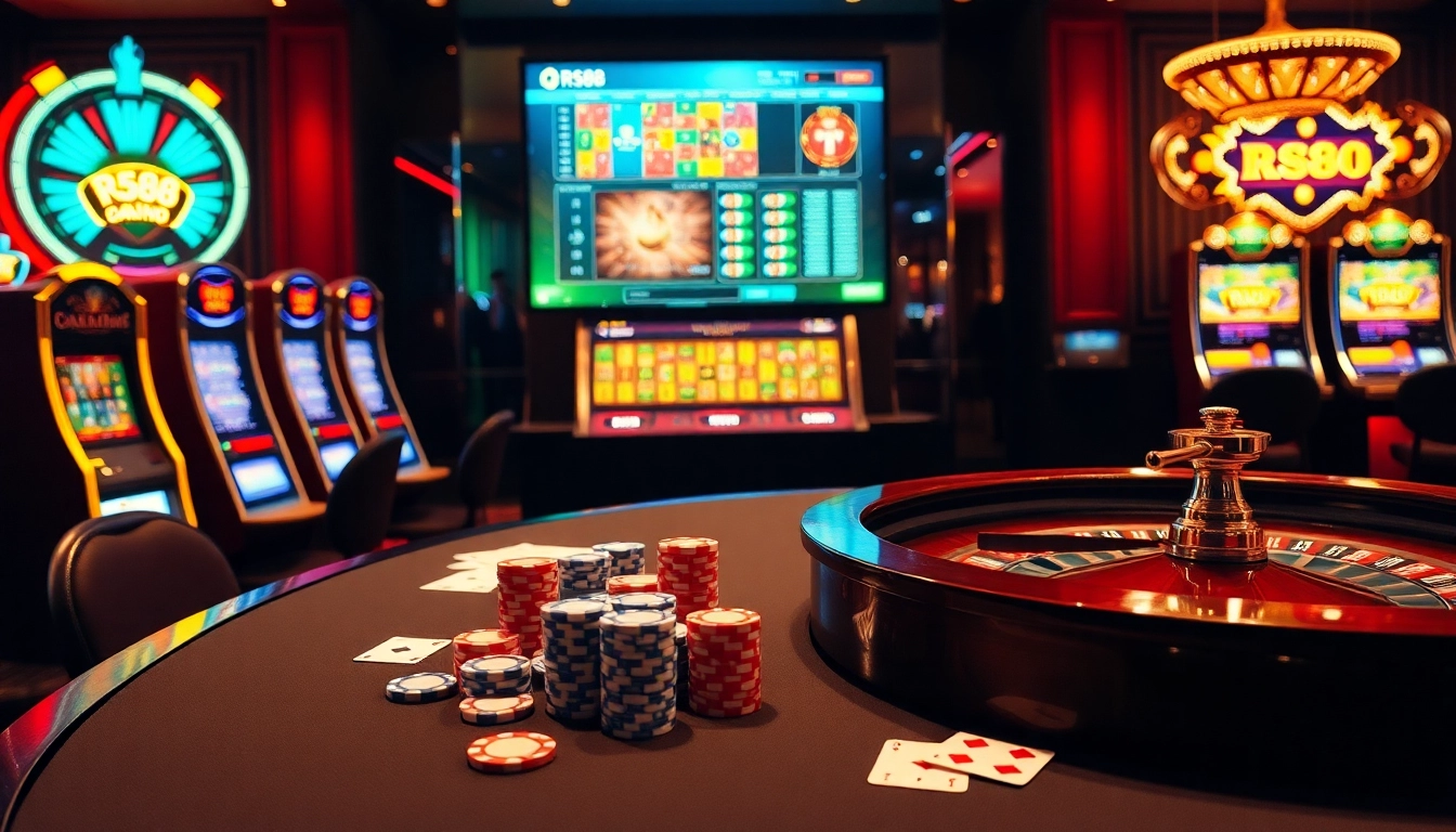 Experience the thrill of RR88 at a vibrant casino table setting with poker chips and cards.
