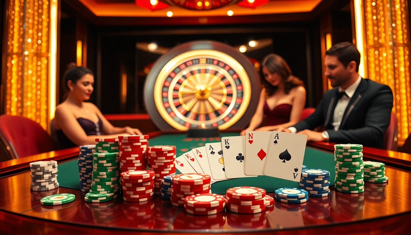 Players strategizing at a luxurious kp88 game table with vibrant poker chips and cards.