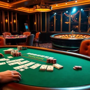 Excited gamblers at F8bet placing bets on poker and roulette tables in a luxurious casino.