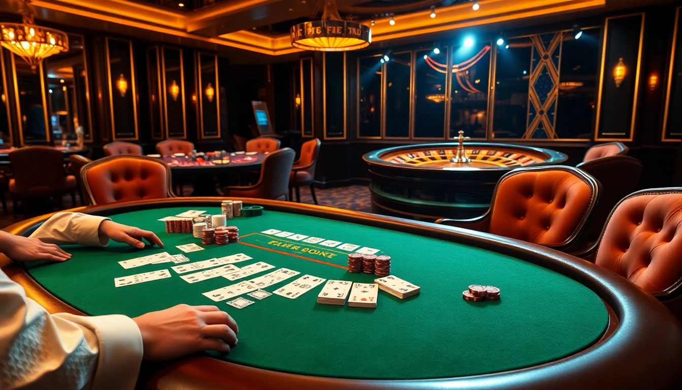 Excited gamblers at F8bet placing bets on poker and roulette tables in a luxurious casino.
