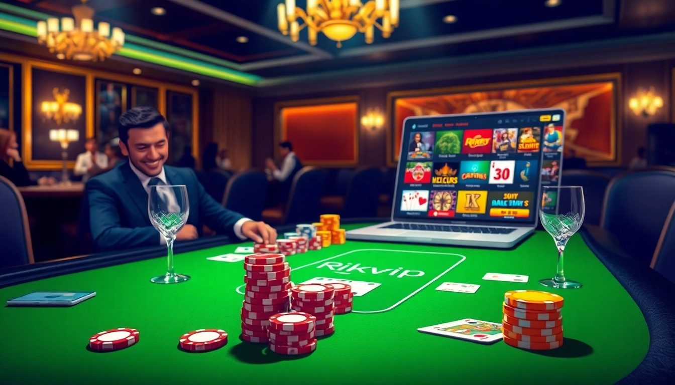 Players enthusiastically engage with rikvip's online gambling interface at a luxurious casino setup.