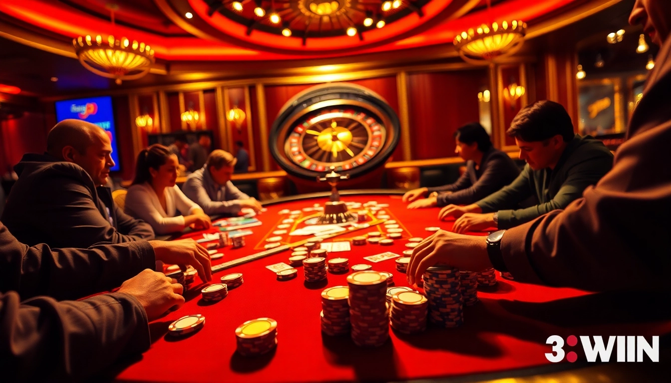 Exciting poker action at the 33WIN casino with vibrant chips and cards.