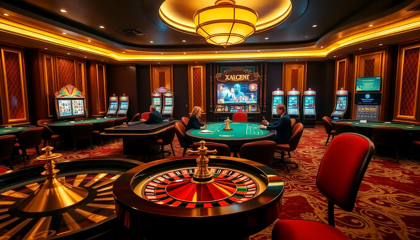 Exciting casino scene featuring poker and roulette at x88ni com, capturing the thrill of high-stakes gambling.