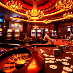 Experience the thrill of gambling at MB66 with a luxurious casino scene featuring roulette and poker tables.