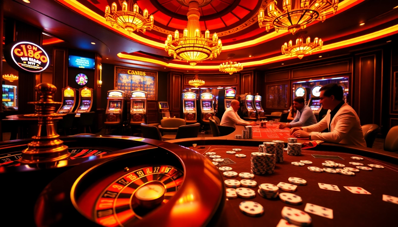 Experience the thrill of gambling at MB66 with a luxurious casino scene featuring roulette and poker tables.