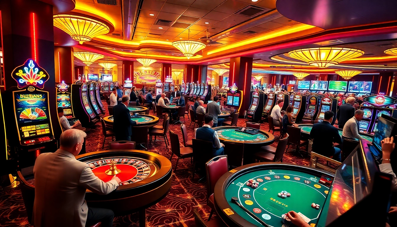 Experience hz88 fun at a vibrant casino table with players enjoying slot machines and poker.