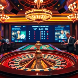 Experience the thrill ofแทงบอลโลก with passionate players at a glamorous casino, placing bets on live matches.
