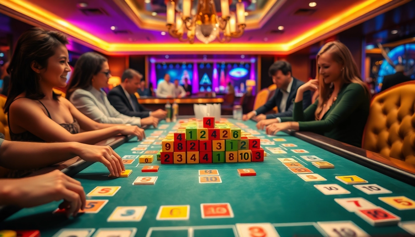 מעוררים שחקנים במשחק רמיקוב אונליין בהקשר של קזינו יוקרתי עם אריחים צבעוניים והתרגשות.