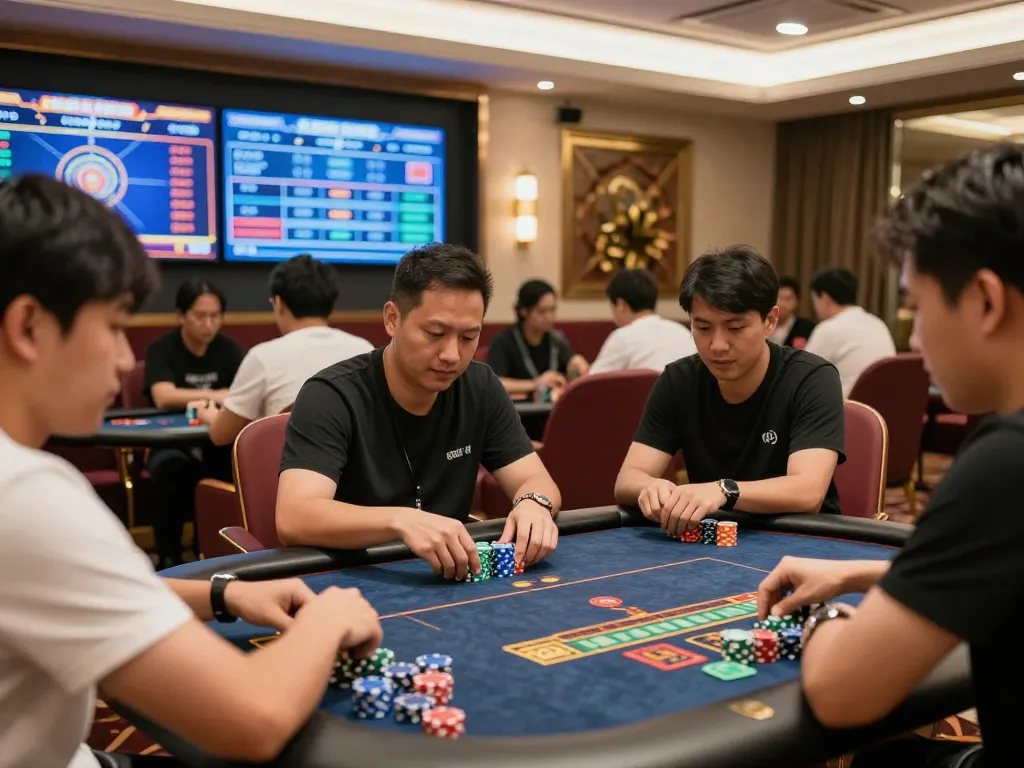 Pemain yang terlibat merencanakan strategi bandar togel di ruang permainan yang ramai, menunjukkan kebersamaan dan kegembiraan.