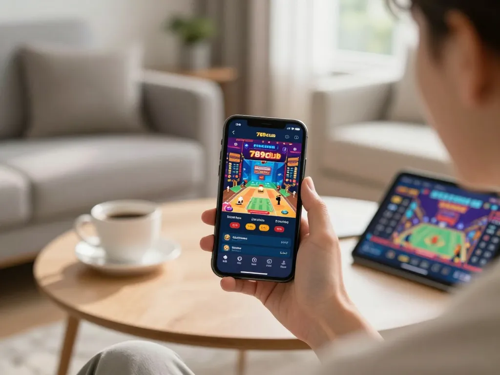 Engaged player using 789club app on smartphone in cozy home setting, highlighting online gambling experience