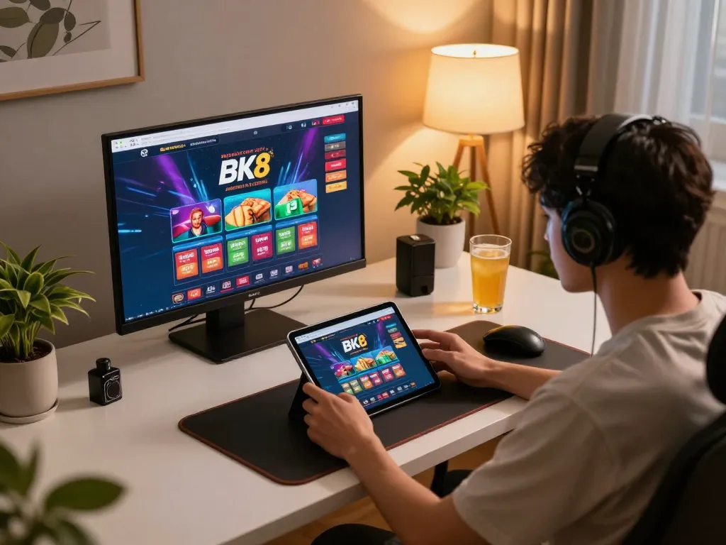 Engaging in BK8 online casino gaming, showcasing a player with tablet in a cozy home setup.