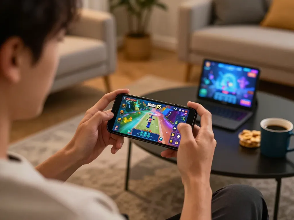Engaging mobile gaming experience with the Done55 game on smartphone in a cozy home setting.