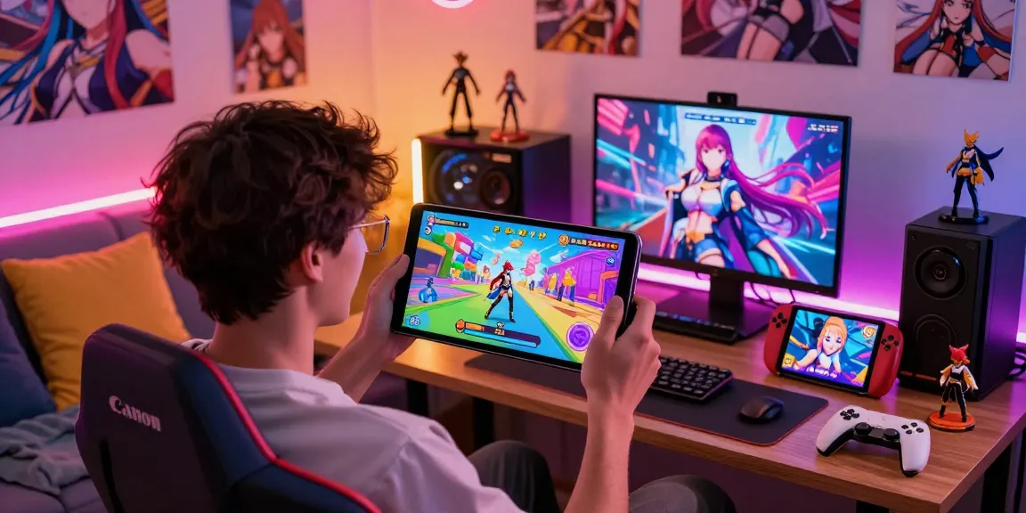 Player enjoying mobile hentai games on a colorful smartphone with anime visuals in a cozy gaming nook.