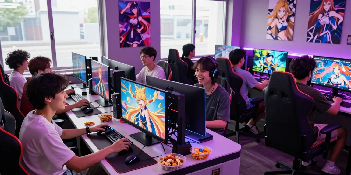 Friends enjoying gay hentai games in a colorful gaming lounge full of excitement and energy.