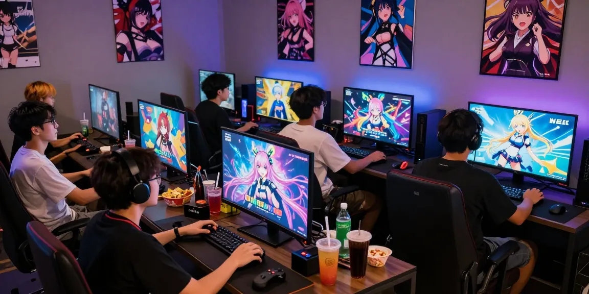Group of friends enjoying ecchi games in a lively gaming lounge with colorful screens and snacks.