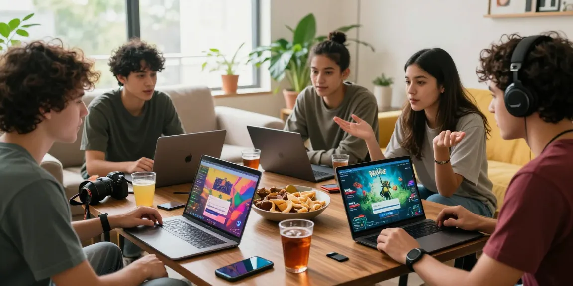 Friends discussing Raja Game login while enjoying snacks in a vibrant living room.