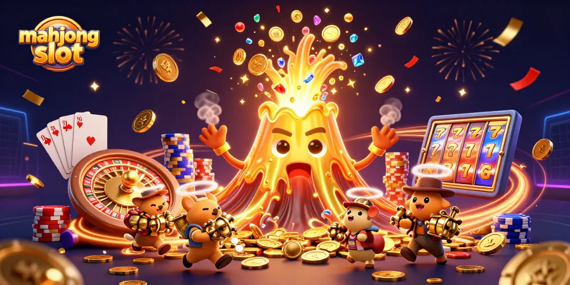 Spin the mahjong slot with cascading coins and treasures erupting in an exciting scene.