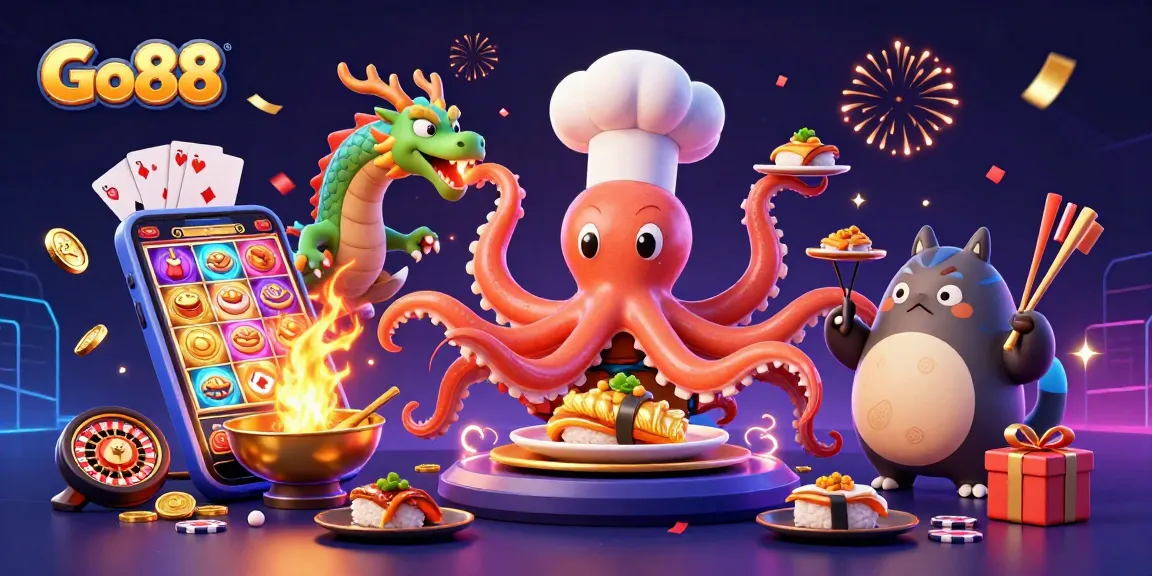Join the fun at Go88 with a vibrant 3D casino scene featuring colorful slot games and lively characters.